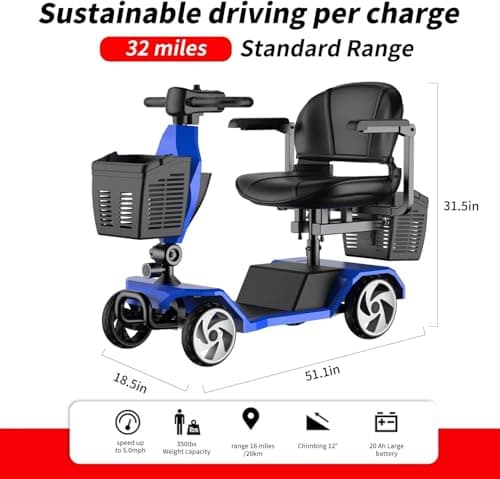 Heavy Duty Wheel Mobility Scooters for Seniors & Adults 350-400 lbs Capacity - 350W All Terrain Fast Mobility Scooter Long Range Power Extended Battery with Charger and Basket Included (Large X08) 5