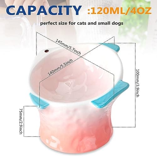 Tioncy 2 Pcs Raised Tilted Ceramic Cat Food Bowl Fish Shape Cute Elevated Slanted Shallow Angled Cat Dish Non Slip Feeder Bowl for Anti-Vomiting and Whisker Fatigue(Blue, Pink) 5
