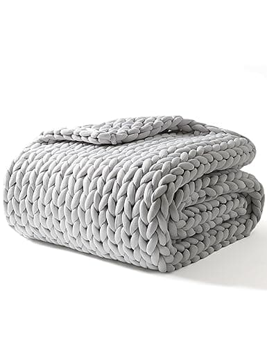 YnM Weighted Blanket, Handmade Chunky Yarn Knitted Design, Soft and Cozy, Temperature Regulating and Breathable, Machine Washable Throw for Sleep or Home Decor (Silver Grey, 50x60 Inch, 10lbs)