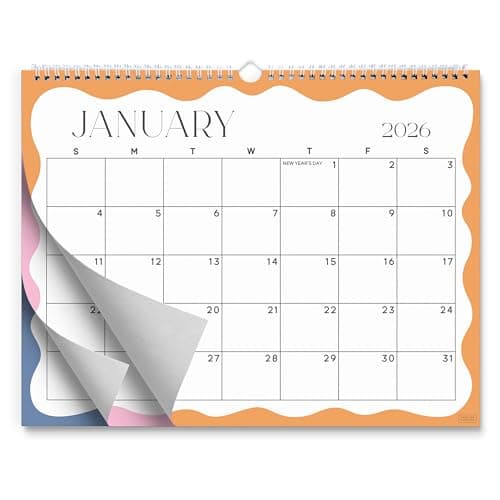 S&O Modern Wavy 2026 Wall Calendar - Tear-Off Monthly Calendar through December 2026-18 Month Academic Wall Planner - Hanging Organizer to Track Anniversaries & Appointments - 13.5"x10.5”in
