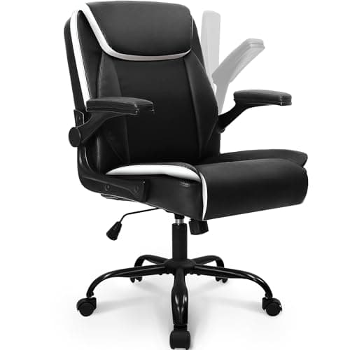 NEO CHAIR Office Desk Computer Chair Ergonomic Executive Mid-Back Leather Gaming Chair with Adjustable Flip-Up Armrests Wheels Swivel for Home Study Task (Black)