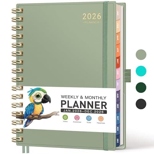 RETTACY 2026 Planner, Weekly and Monthly, Medium Size (5.7" x 8.3"), Jan - Dec 2026, Agenda, Calendar, 12 Month Tabs, Flexible Plastic Cover, 100 GSM Thick Paper, Spiral-bound (Light Green)