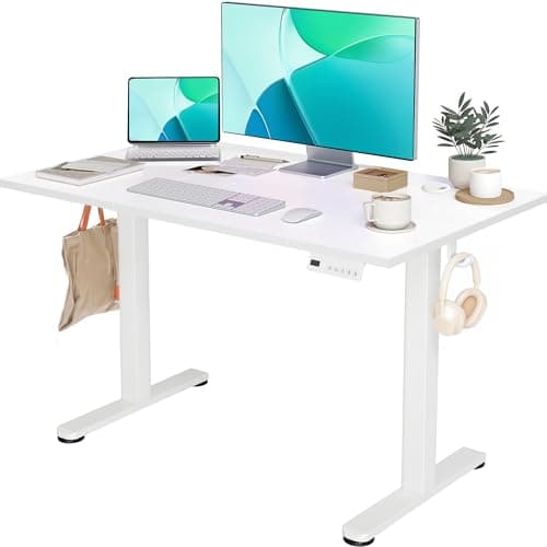 YDN Electric Standing Desk Adjustable Height, 48 x 24 Inches Stand up Desk with Cable Management, Home Office Desks with Splice Board & White Frame, White Top