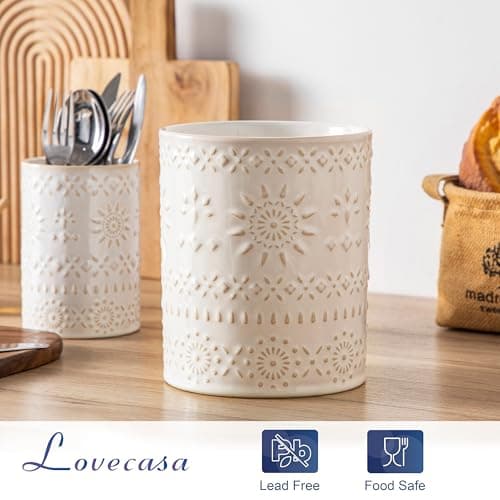 LOVECASA Utensil Holder, 7.2"+5.4" Ceramic Utensil Holder for Countertop, Large Cooking Utensil Crocks for Kitchen Counter, Farmhouse Utensil Vase for Housewarming, Kitchen Decor, Set of 2, Oasis 5