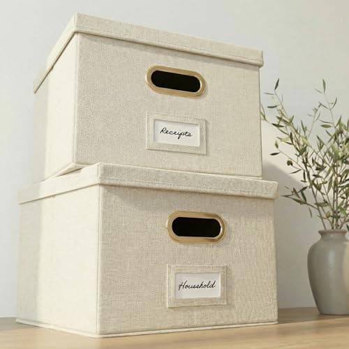 ZICOTO Decorative File Organizer Box Set of 2 - Collapsible Linen Filing Cabinets w/Handles Are Perfect to Store all Your Documents & Hanging File Folders - Portable Easy Slide Crates with Lid