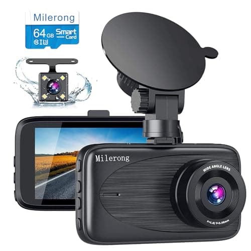 Milerong Dash Cam with 64GB Card, Dash Cam Front and Rear with Night Vision, Mini 1080P FHD Dash Camera for Cars, G-Sensor, Loop Recording, Parking Monitor, Motion Detection,WDR