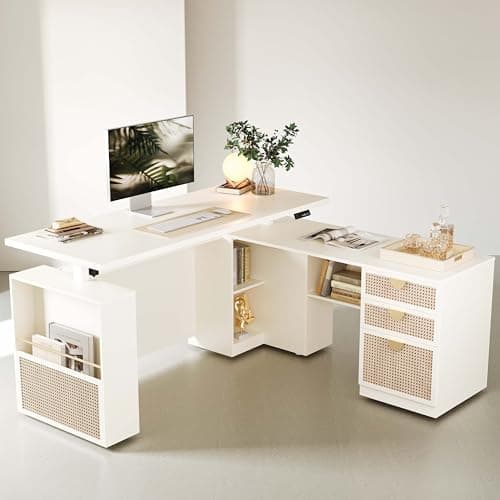 ModernMate 63" Standing Desk with File Cabinet, Privacy Panel, AC/USB, 1.18" Desktop, Executive L Shaped Height Adjustable Desk, Electric Stand Up Table with 3 Drawers, White Rattan 8