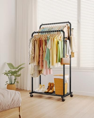 Sakugi Clothes Rack - Double Rods Clothing Rack with Mesh Shelf, Hooks & Wheels, Metal Clothing Racks for Hanging Clothes & Bags, Multifunctional Garment Rack for Laundry, Black, 28.7" x 16.5" x 59.1" 7