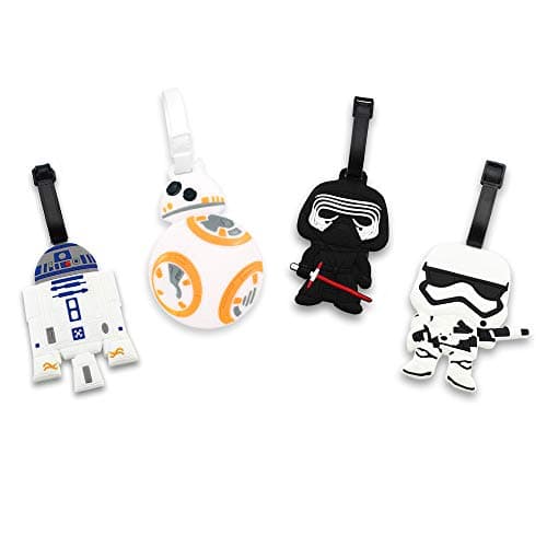 4 Pcs Set Star Wars Kylo Ren BB8 Stormtrooper R2D2 Silicone Travel Luggage Baggage Identification Labels ID Tag for Bag Suitcase Plane Cruise Ships with Belt Strap