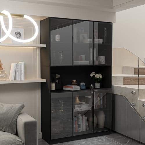 Mekminop Glass Doors Display Cabinet with Lights and Shelves, Storage Cabinets Morden Bookcase Trophy Case Display Cabinet with Hutch for Collectibles - Black (47.2 "W x 16.5 "D x 78.7 "H) 7