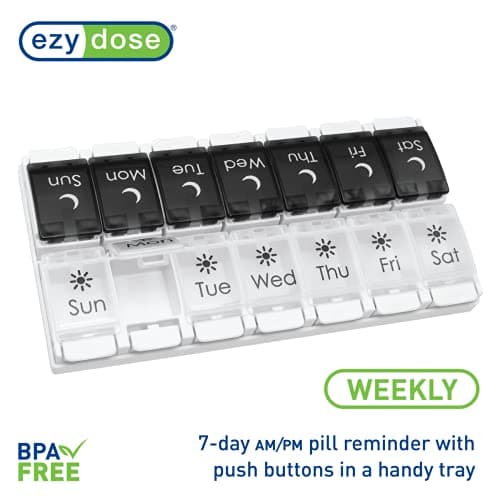 EZY DOSE Push Button (7-Day) Pill Case, Medicine Planner, Vitamin Organizer, 2 Times a Day AM/PM, Removable Trays, Large Compartments, Arthritis Friendly, Spring Open Black and White Lids, BPA Free 5
