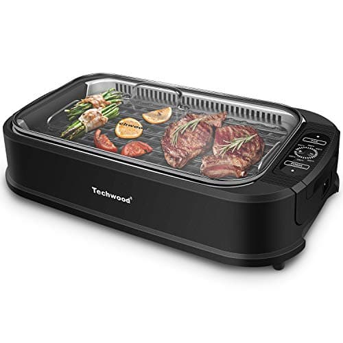 Indoor Grill, Techwood 1500W Smokeless Electric Grill with Tempered Glass Lid, Compact & Portable Non-Stick BBQ Grill with 6-Level Control, Dishwasher Safe, Black