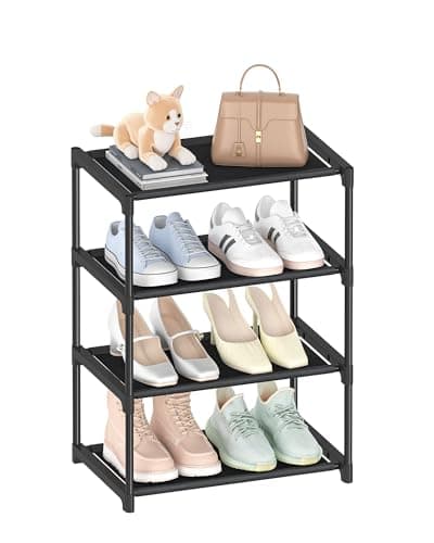 HITHIM 4 Tiers Small Shoe Rack,Narrow Stackable Shoe Shelf Organizer,Sturdy Shoe Stand, Non-Woven Fabric Metal Shoe Racks for Entryway, Doorway and Bedroom Closet