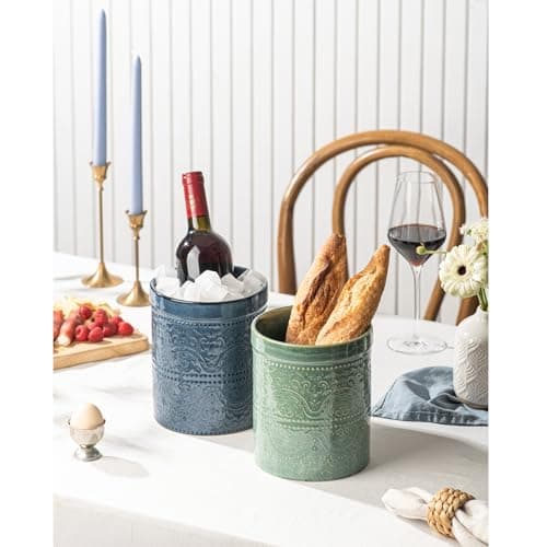 MIKIGEY Kitchen Utensil Holder, 7 Inches Large Ceramic Utensil Holder for Countertop, Lace Emboss Cooking Utensil Crocks for Kitchen, Home Decor, Reactive Blue 6