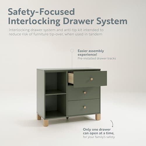 Storkcraft California 3 Drawer Combo Dresser (Olive with Driftwood) – GREENGUARD Gold Certified, Interlocking Drawer System, Pre-Installed Drawer Tracks for Easier Assembly, Spacious Cabinet 7