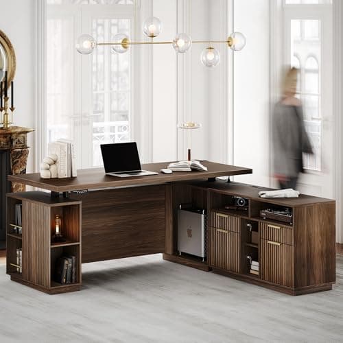 Perledesign Standing Desk with File Cabinet, 70 Inch L Shaped Electric Height Adjustable Executive Desk with AC/USB and Privacy Panel, Computer Corner Table for Home Office, Black Walnut