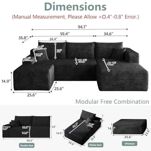 95" Modular Sectional Sofa with Ottoman, Modern Corduroy Cloud Couch with Deep Seat, Boneless Couch Upholstered 3-Seater U-Shaped Sofa for Living Room, No Assembly (Black,Right-Facing Chaise) 2