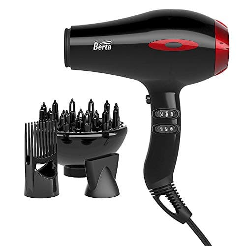 BERTA 1875W Professional Salon Hair Dryer Negative Ionic Blow Dryer, 2 Speed 3 Heat Settings Cool Button with AC Motor, Concentrator Nozzle & Diffuser & Comb