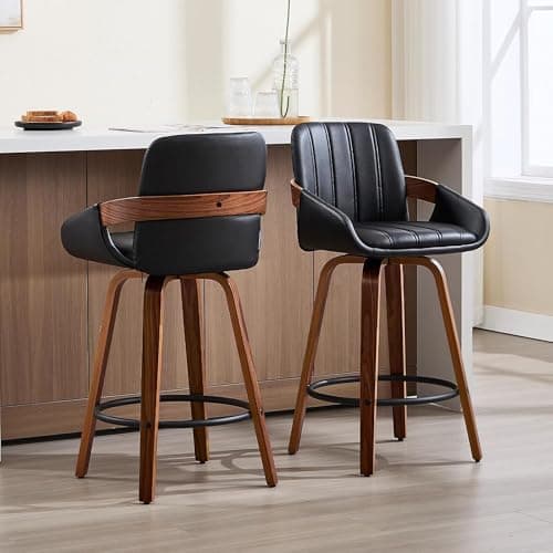 VipDesk Swivel Bar Stools Set of 2, 26" Counter Height Bar Stools with Back and Arms, Faux Leather Modern Upholstered Bar Chairs with Walnut Frame for Kitchen Island Bar - Black
