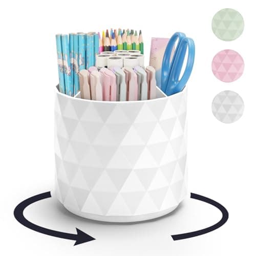 minimaliving Desk Organizer,Sparkling Diamond-like Pen Holder for Desk 360°Rotating Office Accessories,Pencil Cup with 5 Compartments Storage Box Caddy for Office,School,Home,Art Supply(White)