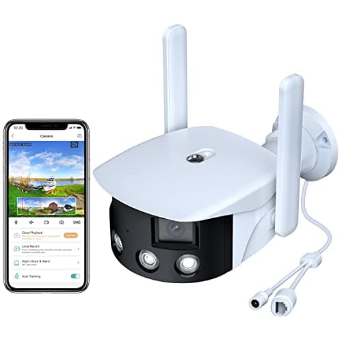 2K Security Camera Outdoor, Dual-Lens 180° Ultra Wide Angle, 2.4GHz WiFi, 4MP HD Wireless Home Surveillance Cam, Person Motion Detection, Color Night Vision, 2-Way Audio, IP66, Sound & Light Alarm 6