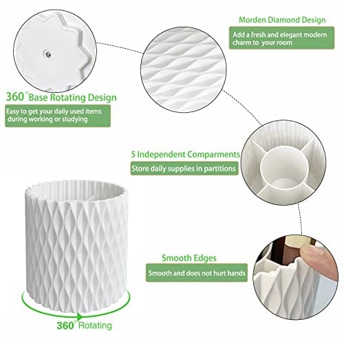 KLIONGO Pen Holder for Desk, 5 Slots 360 Degree Rotating Pencil Holder Makeup Brush Holder, Multifunctional Pen Organizer for Home, Office, Kids and School (White) 5