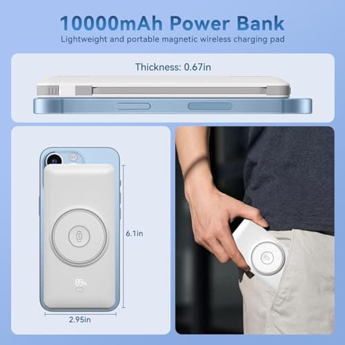 Magnetic 10000mAh Portable Charger for iWatch & iPhone, 22.5W USB C Fast Charging Wireless Power Bank Built-in Cables and Wall Plug, External Travel Battery Pack Compatible with iOS Android Devices 5