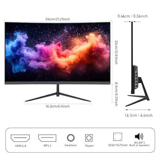 ReHisk 24 Inch Curved Gaming Monitor – 100Hz, 3ms Response Time, FHD, FreeSync, Eye-Care, Slim Design, HDMI/DP, Built-in Speakers VESA Mount 9
