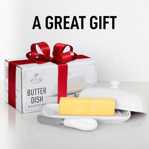 Zulay Kitchen Ceramic Butter Dish with Lid For Countertop & Stainless Steel Knife – Keeps Butter Soft & Fresh – White Butter Dish with Easy-Grip Knob, Durable & Everyday Butter Holder for Home - White 5