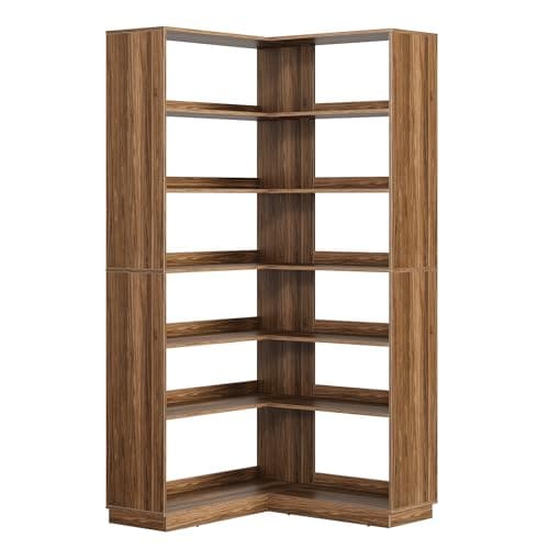 Perledesign Corner Book Shelf, 6 Tier 73 Inch Tall Corner Bookshelf with Open Storage, Wood L Shaped Bookcase Storage Display Rack for Home Office, Black Walnut