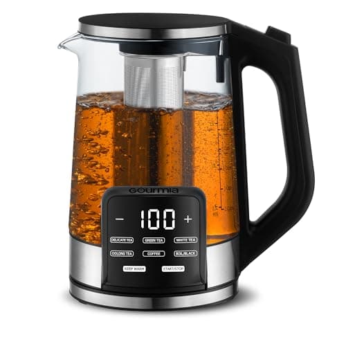 Gourmia Electric Glass Kettle – 1.7L Programmable Tea & Coffee Brewer with Digital Touch Display, 6 Presets, Removable Stainless Steel Infuser, Cordless with 360° Swivel Base, Black