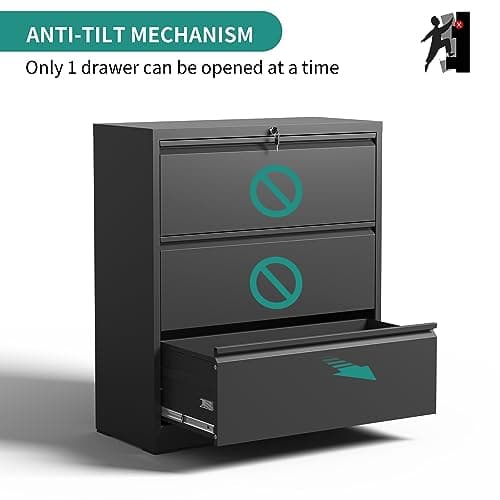 BIZOEIRON 3 Drawer Lateral File Cabinet for Home Office, Metal Filing Cabinet with Lock, Wide File Storage Drawers for Letter/Legal Size Hanging File Folders, Assembly Required, (Black) 6