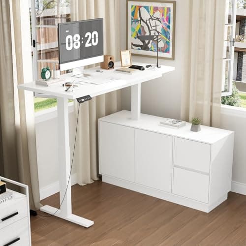 ROMSHINE 54.3" L Shaped Electric Standing Desk with File Cabinet, Height Adjustable Stand up Desk with Drawers, Home Office Computer Gaming Table, White