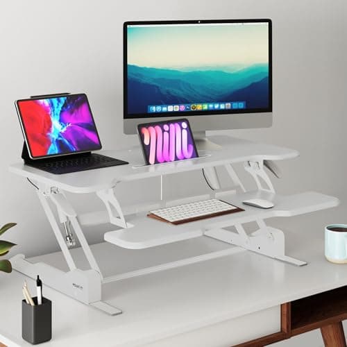 Mount-It! Standing Desk Converter White 38” Wide Height Adjustable Stand Up Desk Riser, Desk Topper with Gas Spring, Desktop Standing Desk with Keyboard Tray Fits Two Monitors 2