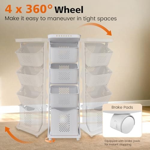 BAOKALER 4-Tier Laundry Hamper Sorter, Vertical Rolling Laundry Baskets with Wheels Removable, Stackable Laundry Cart Organizer and Storage for Small Space, Dorm, Closet, Bathroom 5