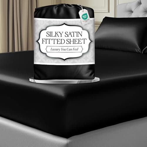 DECOLURE Satin Fitted Sheet Queen Size (1 PC) – Luxuriously Smooth & Softer Than Silk Bed Sheets w/ 15 Inch Deep Pocket Hypoallergenic Wrinkle Free, Secure Snug Fit, Elastic Corner Straps (Black)