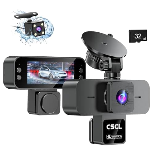 CSCL 3 Channel Dash Cam Front and Rear Inside, 2k Dash Camera for Cars,Included 32GB Card, Built-in WiFi, 3.16 Inch Screen, Super Night Vision, 24H Parking Mode, G-Sensor, Loop Recording