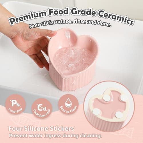 Tall Cat Food Bowl Set - Double-Tilted Design with Non-Slip mat - Ceramic Set - Cute Wide-Mouth Feeding Bowl to Protect Whiskers - Anti-spit-Out Bowl - Pink & Pink 5