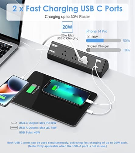 Jgstkcity Desk Clamp Power Strip,40W Total Fast Charging Station,2 PD 20W USB C Ports,Desk Edge Mount Surge Protector for Home, Office,3 Outlets,Fit 1.96" Tabletop Edge,ETL Listed 3