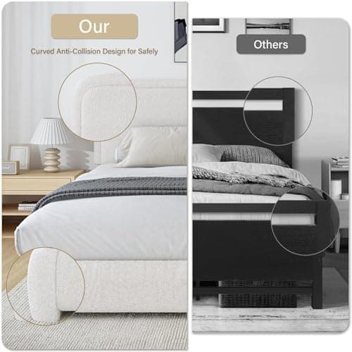 Queen Size Bed Frame, Boucle Upholstered Platform Bed Frame with Headboard, Soft Rounded Corners, Noise Free, Easy Assembly, Off White Boucle 7
