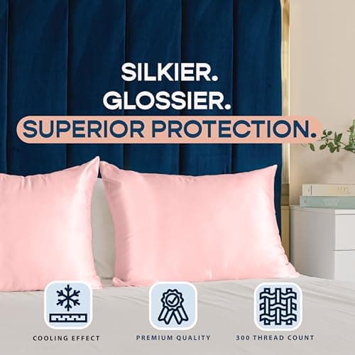 BLISSFORD Pink Satin Pillowcase with Zipper, for Hair and Skin Care, Feels Soft and Cool Like a Silk Pillowcase, Satin Pillow Cases 2 Pack, Slik Pillow Cover, Standard Size - Set of 2 7