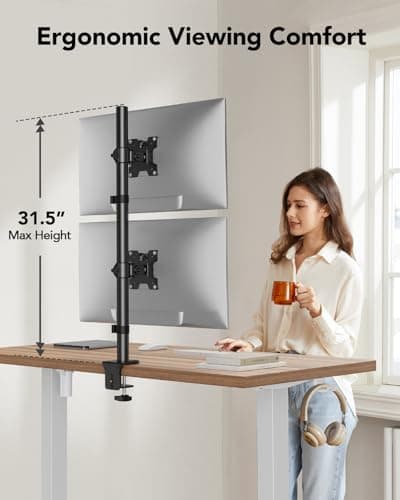HUANUO Vertical Dual Monitor Mount, Stacked Monitor Stand for 2 Monitors with Height Adjustment Computer Monitor Arm Supports Two 17 to 32 Inch with C Clamp Each Desk Mount Hold up to 17.6lbs 5