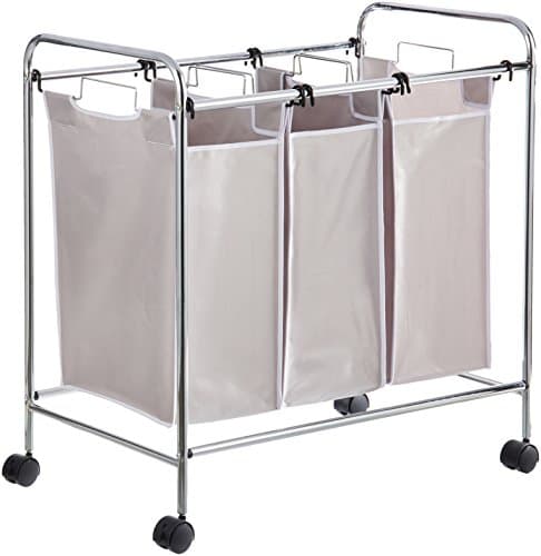 Amazon Basics 3-Bag Laundry Sorter with Removable Bags, Metal Frame, Washable, Locking Wheels, Gray