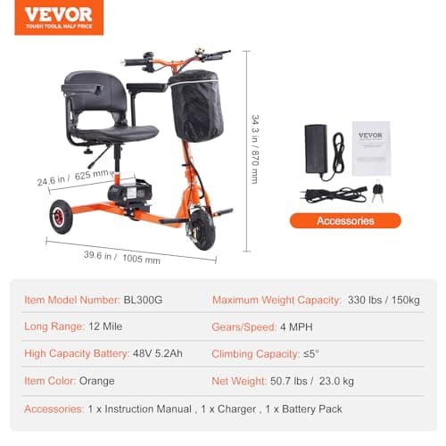 VEVOR 2025 Upgraded Lightweight Mobility Scooter for Adults & Seniors,50lb Foldable, FAA & Cruise Approved with 12 Mile Range & Removable Battery. Supports 330lbs 7