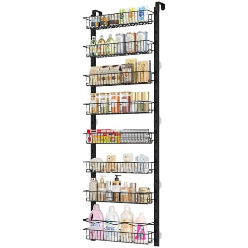 MIAOLI Over the Door Pantry Organizer, 8-Tier Adjustable Spice Rack Cabinet Door Shelves, Hanging Seasoning Organizer for Kitchen Bathroom, Laundry Room Organization, Black