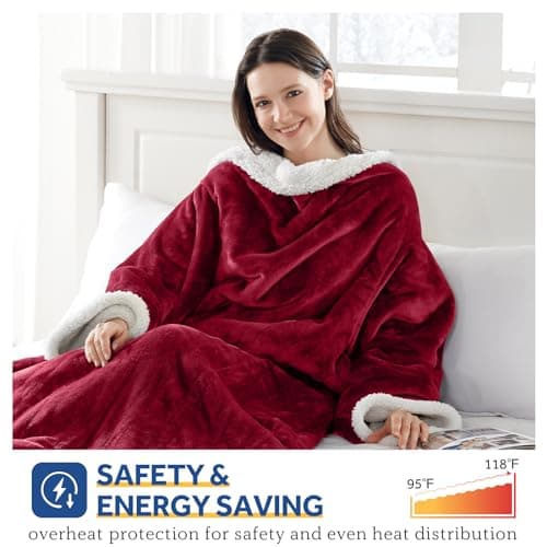 Sealy Electric Blanket Wearable with Foot Pocket, Electric Snuggle Blanket with Sleeves, Flannel & Sherpa Heating Throw with 6 Heat Settings & 2-10 Hours Auto Shut Off, 50 * 70"+18", Red 5