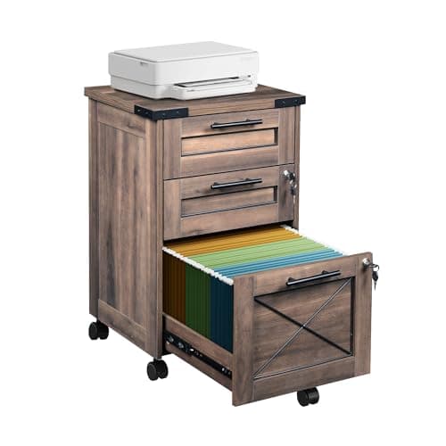 DEVAISE 3-Drawer File Cabinet with Hanging Files, Mobile Rolling Storage Cabinet for Home Office, Printer Stand, Farmhouse Style, Dark Brown