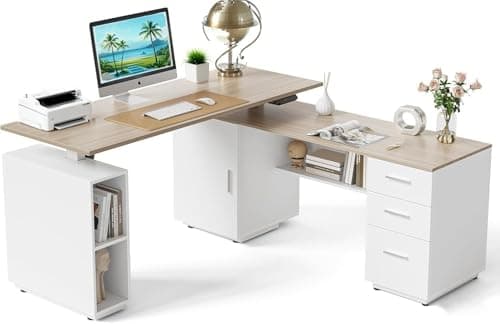 FEZIBO L Shaped Standing Desk with Storage, Executive Height Adjustable Table，Light Wood Grainy