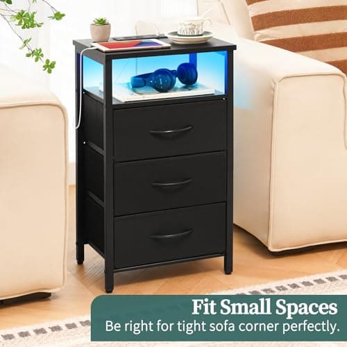 Yoobure Night Stand with Charging Station, 16 Colors LED Nightstand with USB Ports and Outlets, End Table with 3 Fabric Drawers and Storage Shelf, Bedside Tables Small Dresser for Small Space, Black 7