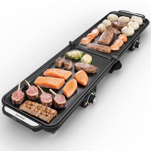 Sunvivi Large Electric Griddle 38'' x 9'', 1600W Indoor Grill with 2 Adjustable Temp Knobs, Even Heating, Nonstick Plate, Foldable Electric Grill Pan Indoor with Drip Tray, Easy to Clean
